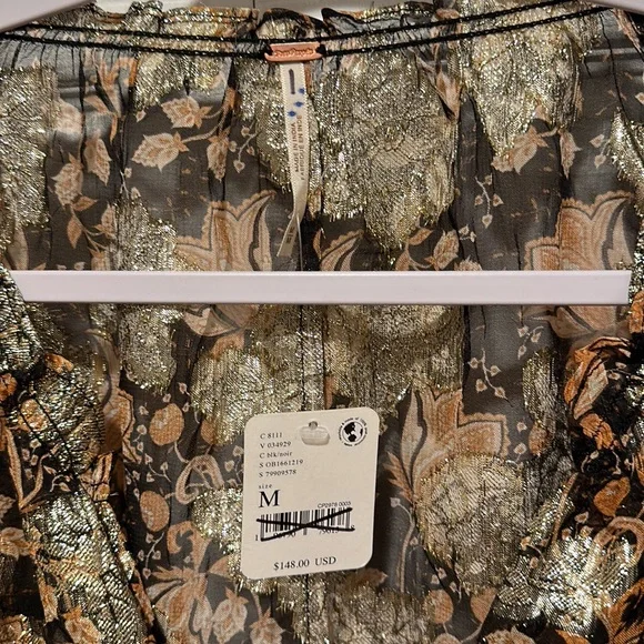 Free People Scorpio Long Sleeve Metallic Floral Sheer Blouse NWOT - - Picture 4 of 6